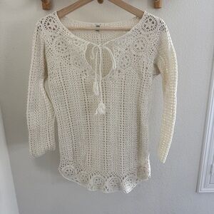 White knit crochet long sleeve top with tie front bohemian hippie cottagecore